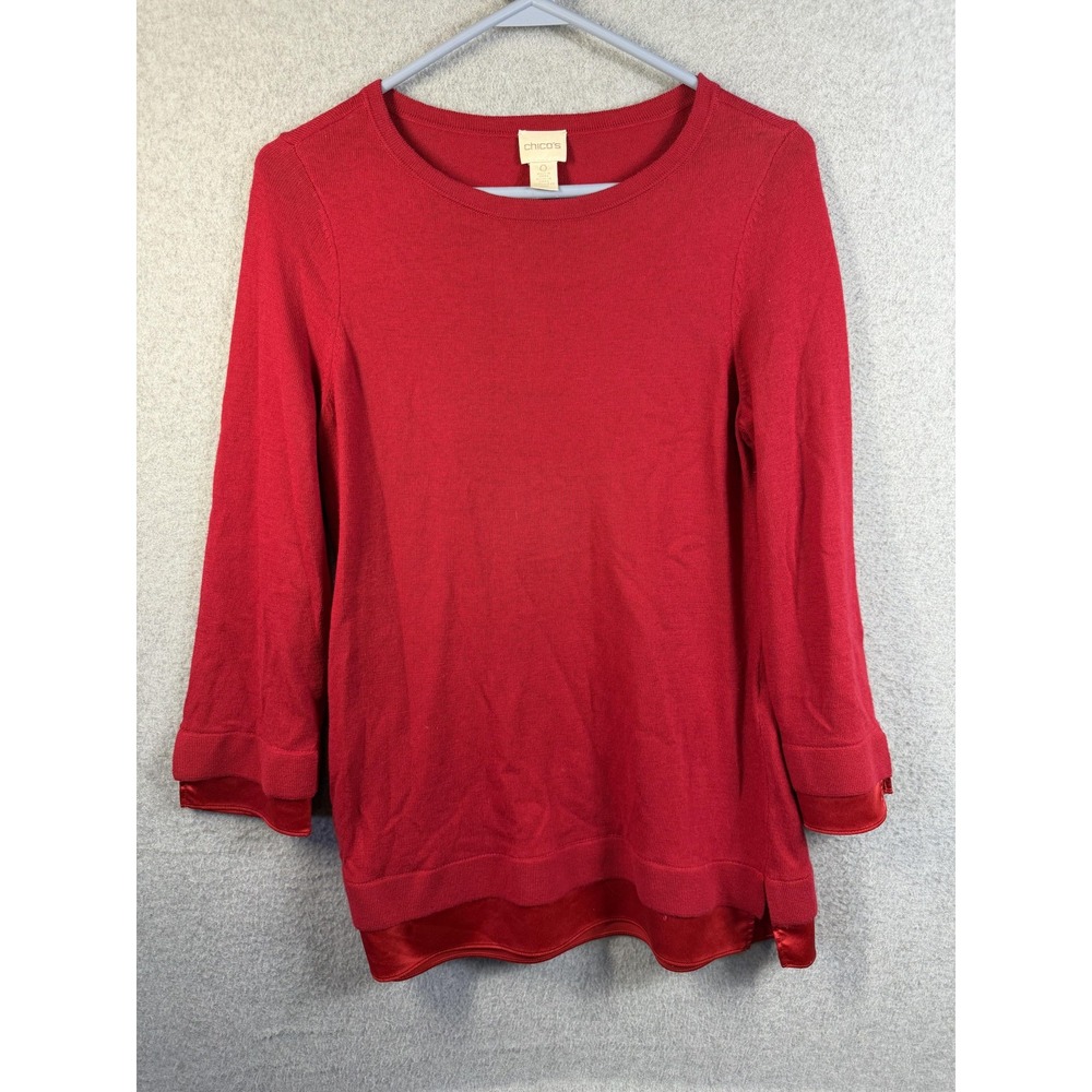 Chicos Sweater Womens US 4 (Chicos 0) Red Crew Neck 3/4 Sleeve Satin Trim Knit